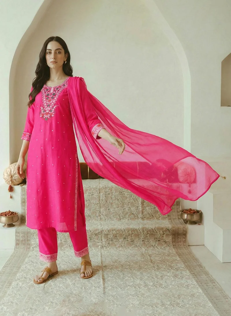 جلو باص طقم نسائي وردي من جلوبس كورتا مطرزة بالزهور بياقة دائرية مع بنطلون ودوباتا للمناسبات